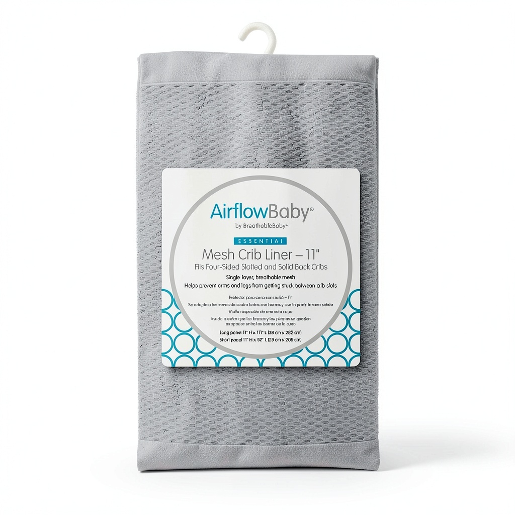 AirflowBaby mesh protector installed on a grey crib mattress
